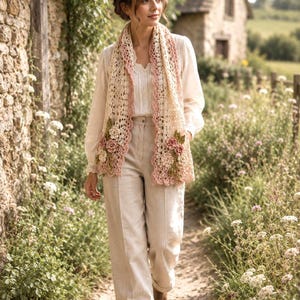 Floral cottagecore crochet scarf with scalloped ends, leaf appliqués, and delicate handmade lace texture.
Romantic crochet scarf pattern PDF featuring soft cream yarn, dusty rose accents, and beginner-friendly tutorial steps.