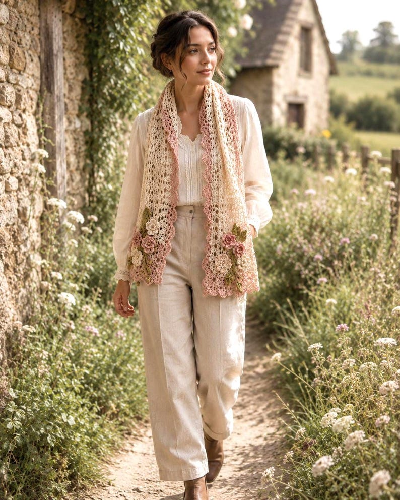 Floral cottagecore crochet scarf with scalloped ends, leaf appliqués, and delicate handmade lace texture.
Romantic crochet scarf pattern PDF featuring soft cream yarn, dusty rose accents, and beginner-friendly tutorial steps.