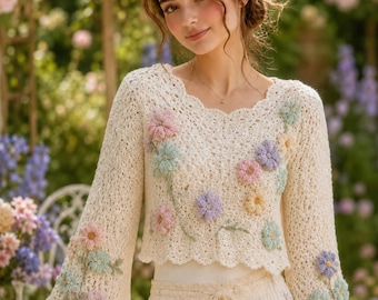 Ivory Floral Crochet Sweater Pattern PDF, Cottagecore Lace Pullover Guide, Bell Sleeve Sweater with Inner Layer | Digital Download