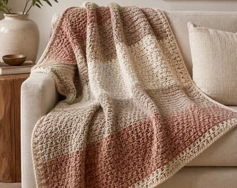 Modern Moss Stitch Neutral Crochet Blanket Pattern PDF, Beginner Friendly Color Block Throw Guide | Digital download