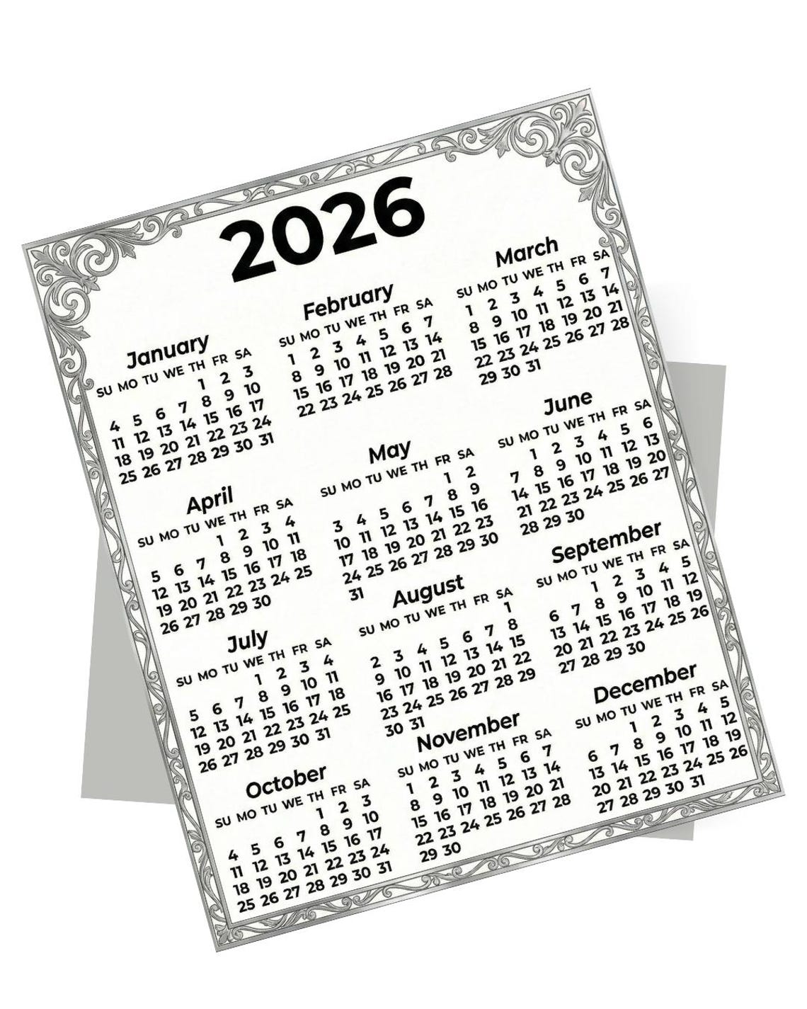 2026 Calendar Printable | Digital Download | Silver Border Calendar - Etsy Canada