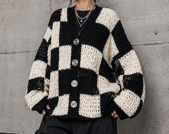 Oversized Checkerboard Crochet Cardigan Pattern PDF, Made to Measure Step by Step Streetwear Cardigan Tutorial |  Instant Download