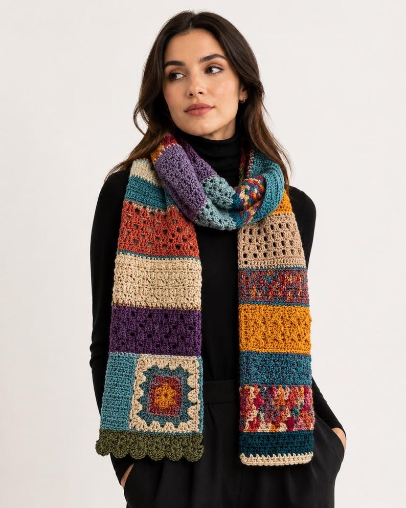 Crochet tutorial cover showing a finished patchwork sampler scarf with granny square detail and decorative green scalloped border.
Beginner-friendly crochet pattern guide with materials, abbreviations, gauge, pattern notes, and visual scarf instructions.