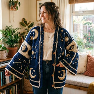 Könnte beinhalten: Eine gehäkelte Strickjacke in Marineblau und Creme mit Himmelsmotiven wie Mondsicheln, Sternen und Sternbildern. Das vorne offene Kleidungsstück hat lange, weite Ärmel, zwei Vordertaschen und kleine sternförmige Knöpfe entlang der Knopfleiste.