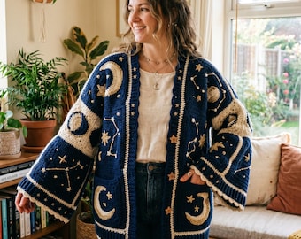Celestial Crochet Cardigan Guide PDF | Moon and Star Cardigan Crochet Pattern | Measurement-Based Drop Shoulder Sweater | Digital Download