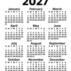 May include: A black and white 2027 annual calendar featuring twelve months from January to December. Each month is displayed with its name in bold text, followed by a grid of days of the week and corresponding dates in a clear, sans-serif font.