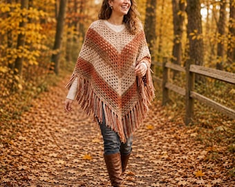 Autumn Granny Crochet Poncho PDF Pattern, Beginner Fringe Poncho Tutorial, Boho Fall Crochet Wrap, US Terms |Digital Download