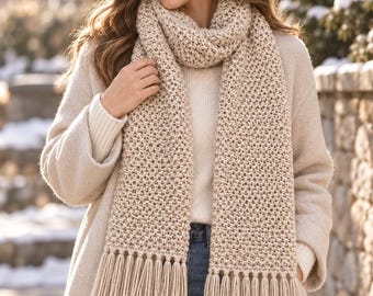 Moss Stitch Scarf Crochet Pattern PDF, Beginner Crochet Scarf with Fringe, Easy Winter Scarf Pattern, Oatmeal Textured Scarf