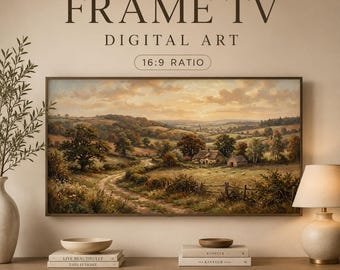 Sztuka na telewizor z ramką w stylu vintage z krajobrazem wiejskim, obraz olejny w stylu rustykalnej farmy do pobrania w wersji cyfrowej, sztuka na telewizor z ramką Samsung z jesienną doliną