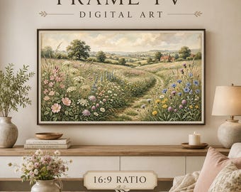 Grafika ścienna na ramce telewizora z motywem pola dzikich kwiatów, pobranie cyfrowej wersji Cottage Meadow, grafika ścienna na ramce telewizora Samsung w stylu vintage
