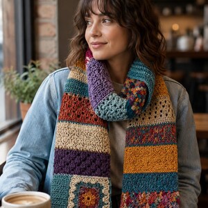 Step-by-step crochet scarf tutorial showing yarn, hook, stitch markers, scissors, and colorful worsted weight yarn supplies.
Close-up crochet instruction image showing foundation chain stitches made with teal yarn and a crochet hook.