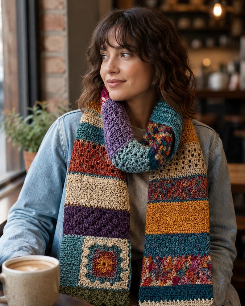 Step-by-step crochet scarf tutorial showing yarn, hook, stitch markers, scissors, and colorful worsted weight yarn supplies.
Close-up crochet instruction image showing foundation chain stitches made with teal yarn and a crochet hook.