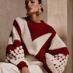 Guida al modello per maglione all'uncinetto geometrico rosso e perla di alta moda, tutorial per pullover di lusso, maglione artigianale fatto a mano in PDF