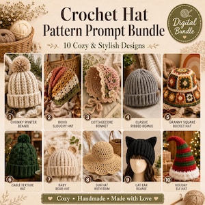 May include: A digital bundle of 10 crochet hat patterns featuring various designs including a chunky winter beanie, boho slouchy hat, cottagecore bonnet, ribbed beanie, granny square bucket hat, cable texture hat, bear hat, sun hat, cat ear beanie, and elf hat.