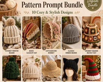 Crochet Hat Pattern Bundle PDF, 10 Cozy Hat Designs, Beanie Bonnet Bucket Hat Elfen Hut, digitale Häkelanleitungen für Anfänger