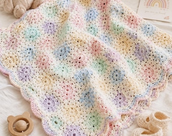 Soft Pastel Crochet Baby Blanket Pattern PDF, Floral Granny Motif Nursery Blanket with Scalloped Border | Digital download