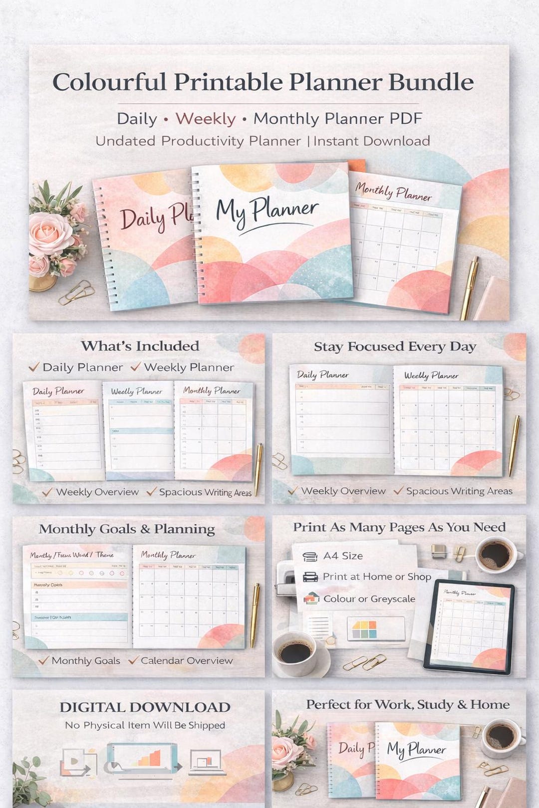 Colourful Printable Planner Bundle | Daily Weekly Monthly Planner PDF ...