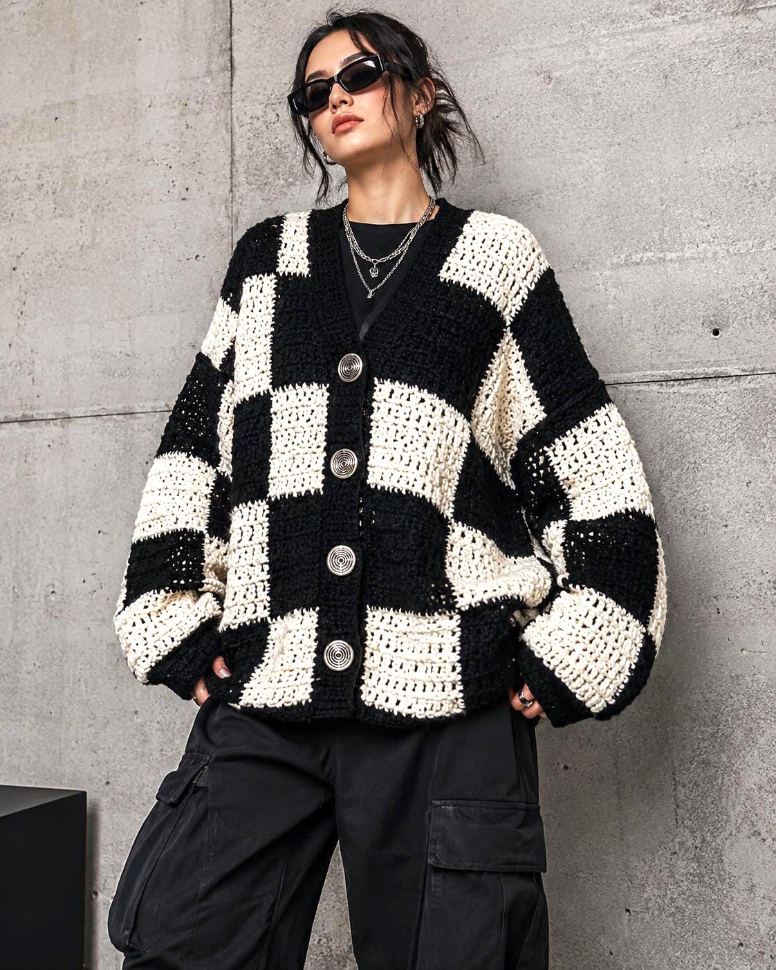 Oversized Checkerboard Crochet Cardigan