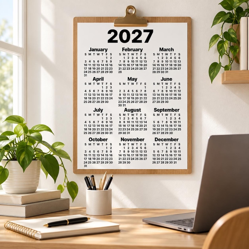 Minimalist 2027 yearly calendar clipped to a wooden clipboard on a sunlit wall above a desk, with a laptop, notebook, pen holder and green plants creating a clean modern workspace scene.