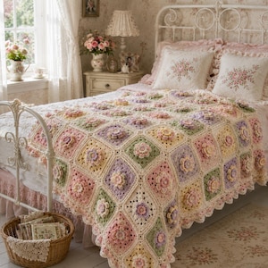 Può includere: Una coperta all'uncinetto con un motivo a rombi e quadrati color pastello nelle tonalità rosa, giallo, verde e lavanda. Ogni quadrato è decorato al centro con un motivo floreale tridimensionale in rilievo e rifinito con un bordo smerlato.