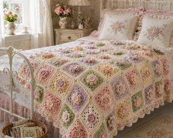 Pastel Flower Granny Square Blanket Crochet Pattern PDF,Vintage Cottagecore Crochet Blanket Guide,Raised Floral Afghan with Scalloped Border