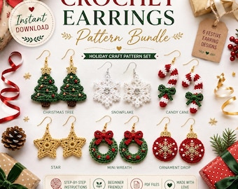 Urlaub Häkelohrringe Muster PDF, Weihnachtsbaum Schneeflocke Zuckerstange Stern Kranz Verzierung Ohrringe, Festlicher häkeln Schmuck-Leitfaden