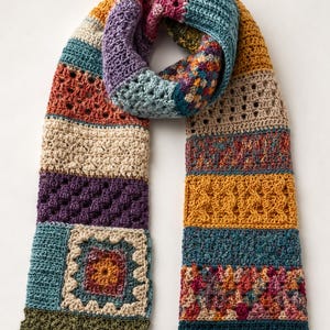Colorful handmade patchwork crochet sampler scarf with textured stitch panels, granny square motif, and scalloped edging.