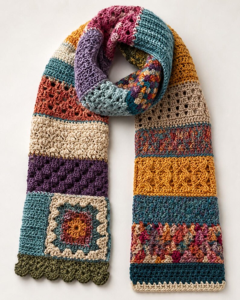 Colorful handmade patchwork crochet sampler scarf with textured stitch panels, granny square motif, and scalloped edging.