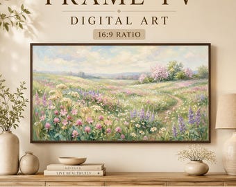 Spring Meadow Frame TV Art, Pastel Wildflower Landscape Digital Download, Soft Cottage Garden Samsung Frame TV Wall Art