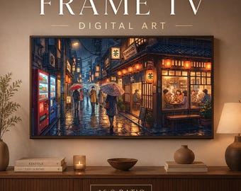 Anime Tokyo Tea House Rainy Street Samsung Frame TV Art, Japońska kawiarnia do pobrania w wersji cyfrowej, Przytulna nocna grafika ścienna, Grafika na telewizor 16:9 | Wydruk cyfrowy