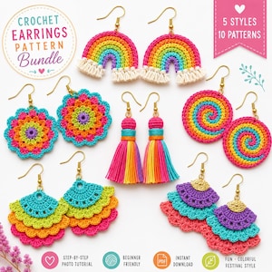 May include: A collection of colorful crochet earrings in various styles, including rainbows, spirals, and tassels. The earrings feature bright hues of pink, yellow, blue, and green. The image also includes text that says "CROCHET EARRINGS PATTERN BUNDLE".
