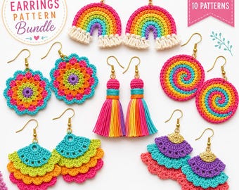 Colorful Crochet Earrings Pattern PDF, 6 Crochet Earring Patterns, Rainbow Mandala Tassel Fan Earrings, Beginner Jewelry Crochet Guide