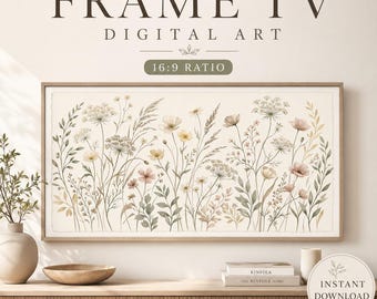 Neutralna botaniczna rama z dzikimi kwiatami do telewizora, delikatne akwarelowe kwiaty do pobrania w wersji cyfrowej, vintage'owa rama ścienna do telewizora Samsung