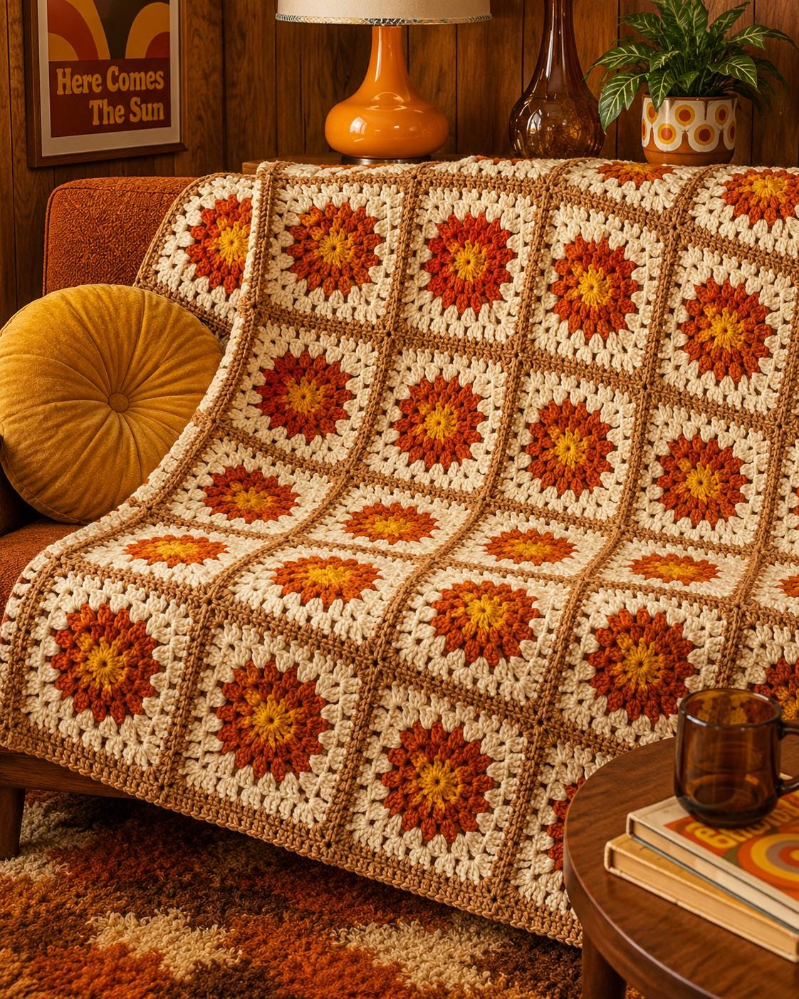 38 Sunburst Crochet Patterns for Blankets, Bags, Tops, and Home Decor 34 Retro Sunburst Granny Square Blanket