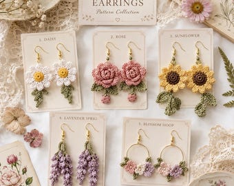 Garden Häkelohrringe Muster PDF, Gänseblümchen Rose Sonnenblume Lavendel Blüte Creolen, Cottagecore Häkelschmuck Schritt für Schritt Anleitung