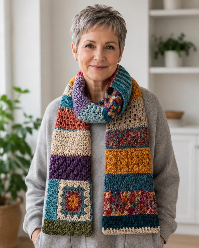 Long handmade crochet scarf with teal, mustard, purple, cream, rust, and multicolor patchwork sections for cozy winter styling.