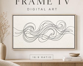 Czarno-biała grafika liniowa na ramce telewizora, minimalistyczny abstrakcyjny wzór fali do pobrania w formacie cyfrowym, prosta, nowoczesna grafika ścienna na ramkę telewizora Samsung