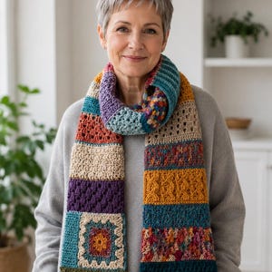 Beginner Crochet Patchwork Sampler Scarf PDF Pattern, Colorful Crochet Scarf Tutorial with Granny Square Motif | Digital Download image 4