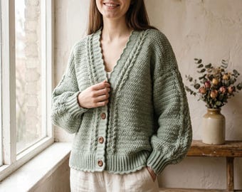 Sage Cable Crochet Cardigan Guide PDF Pattern, Textured Crochet Cardigan Tutorial, Cozy Handmade Sweater, Instant Download