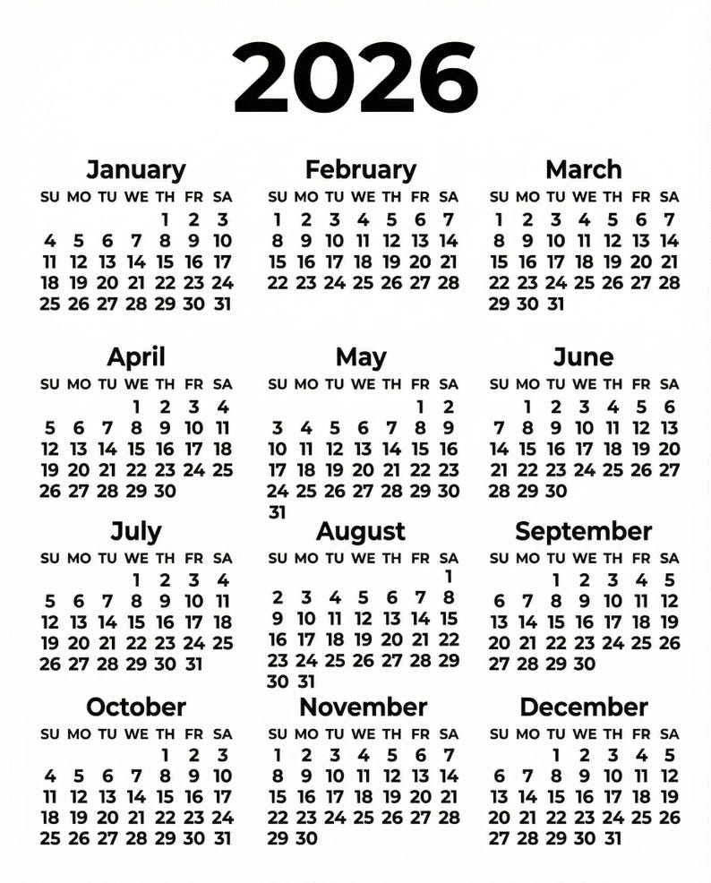 Year-at-a-glance printable 2026 wall calendar showing all twelve months in a single page layout.”
Minimalist printable 2026 calendar with black text on a white background, displaying all months in a simple grid