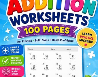 Printable 100 Math Worksheets: Addition (Single & Double Digit) for Year 1, Kids ,Age 5-7 | Homeschool Maths Practice | Instant Download