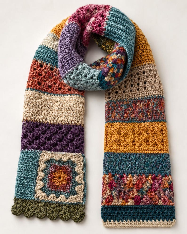Long handmade crochet scarf with teal, mustard, purple, cream, rust, and multicolor patchwork sections for cozy winter styling.