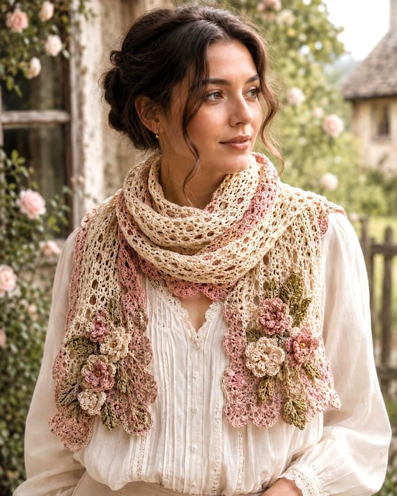 Cottagecore Crochet Scarf Pattern PDF, Beginner Lace Scarf Tutorial with Flowers, Handmade Romantic Crochet Guide | Digital Download