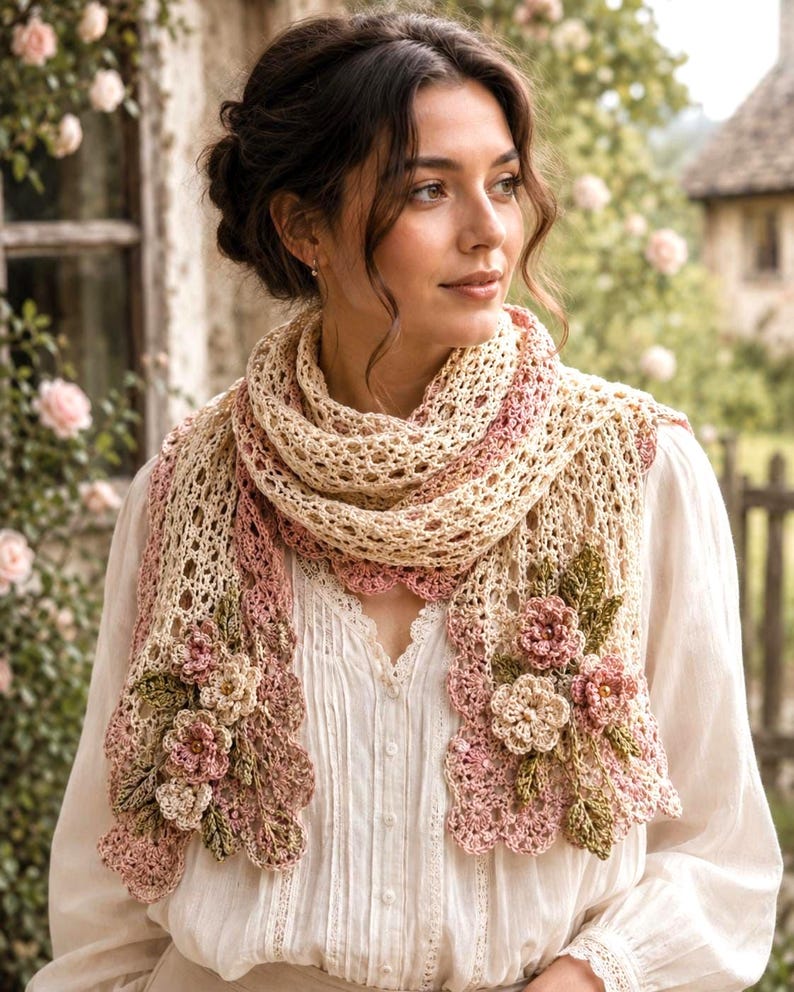 Vintage-inspired crochet lace scarf tutorial with flowers, leaves, scalloped border, and soft feminine style.
Beginner-friendly crochet pattern for a delicate handmade scarf with floral ends and open lace stitches.
Cottagecore handmade crochet scarf displayed with soft cream lace, pink flowers, green leaves, and rustic vintage style.