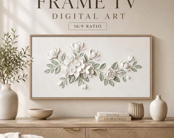 Biała, kwiatowa, minimalistyczna rama do telewizora, neutralny, trójwymiarowy relief kwiatowy do pobrania w wersji cyfrowej, miękka, szałwiowa, botaniczna rama do telewizora Samsung
