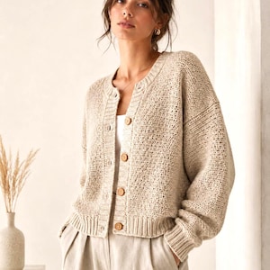 Minimalistischer Oatmeal Cardigan Häkelanleitung PDF | Maßgeschneiderte häkeln Cardigan Muster | Anfänger Pullover Digital Download