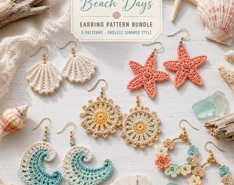Crochet Beach Earrings Pattern PDF, Summer Seashell Starfish Wave Flower Hoop Earrings, Beach Jewellery Step-by-Step Crochet Guide