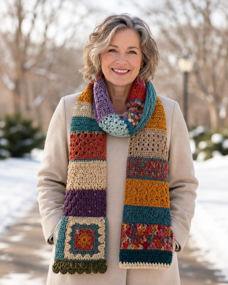 Crochet granny square motif tutorial showing a flower-style center, cream border, teal edging, and hook placement in the corner space.
Crochet scarf assembly tutorial showing colorful panels being joined with a yarn needle and flat seam technique.
Finishing tutorial for crochet scarf showing edging, weaving in yarn ends, blocking, and optional decorative variations.
Printable crochet scarf pattern PDF with colourful patchwork panels, cosy handmade texture, and beginner-friendly  instructions.