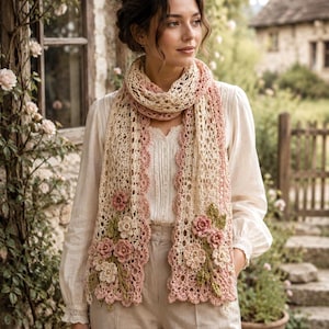 Beginner crochet scarf PDF tutorial featuring romantic lace stitches, crocheted flowers, and leaf details.
Handmade-style crochet scarf design with airy lace texture, pink floral accents, and vintage cottagecore charm.