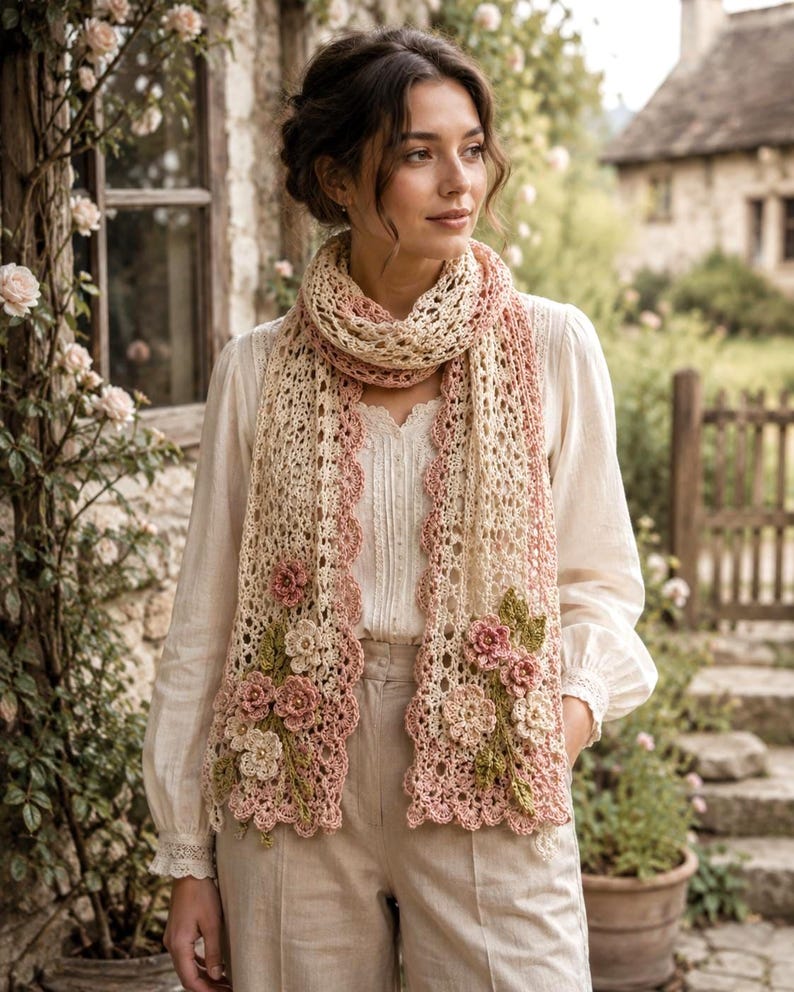 Beginner crochet scarf PDF tutorial featuring romantic lace stitches, crocheted flowers, and leaf details.
Handmade-style crochet scarf design with airy lace texture, pink floral accents, and vintage cottagecore charm.